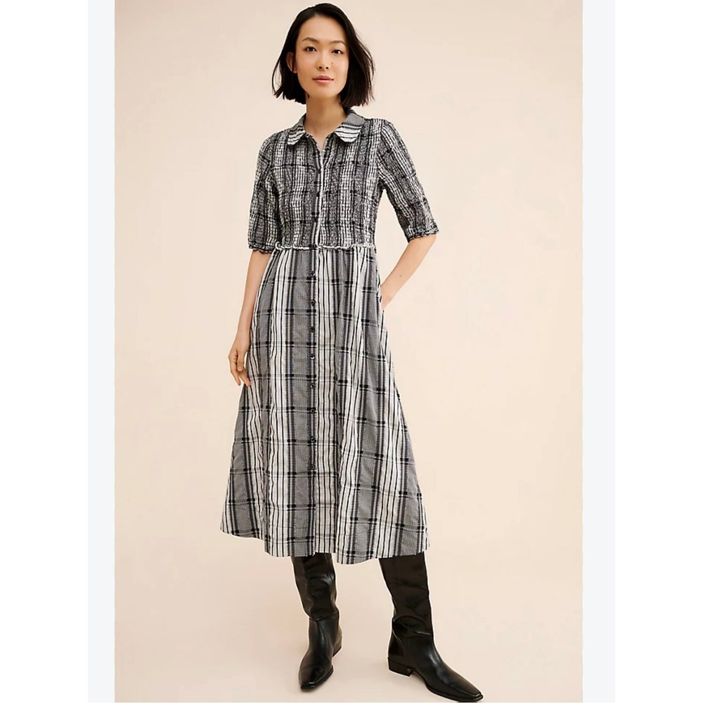 Anthropologie Maeve Smocked Midi Shirtdress Black White Plaid XSP